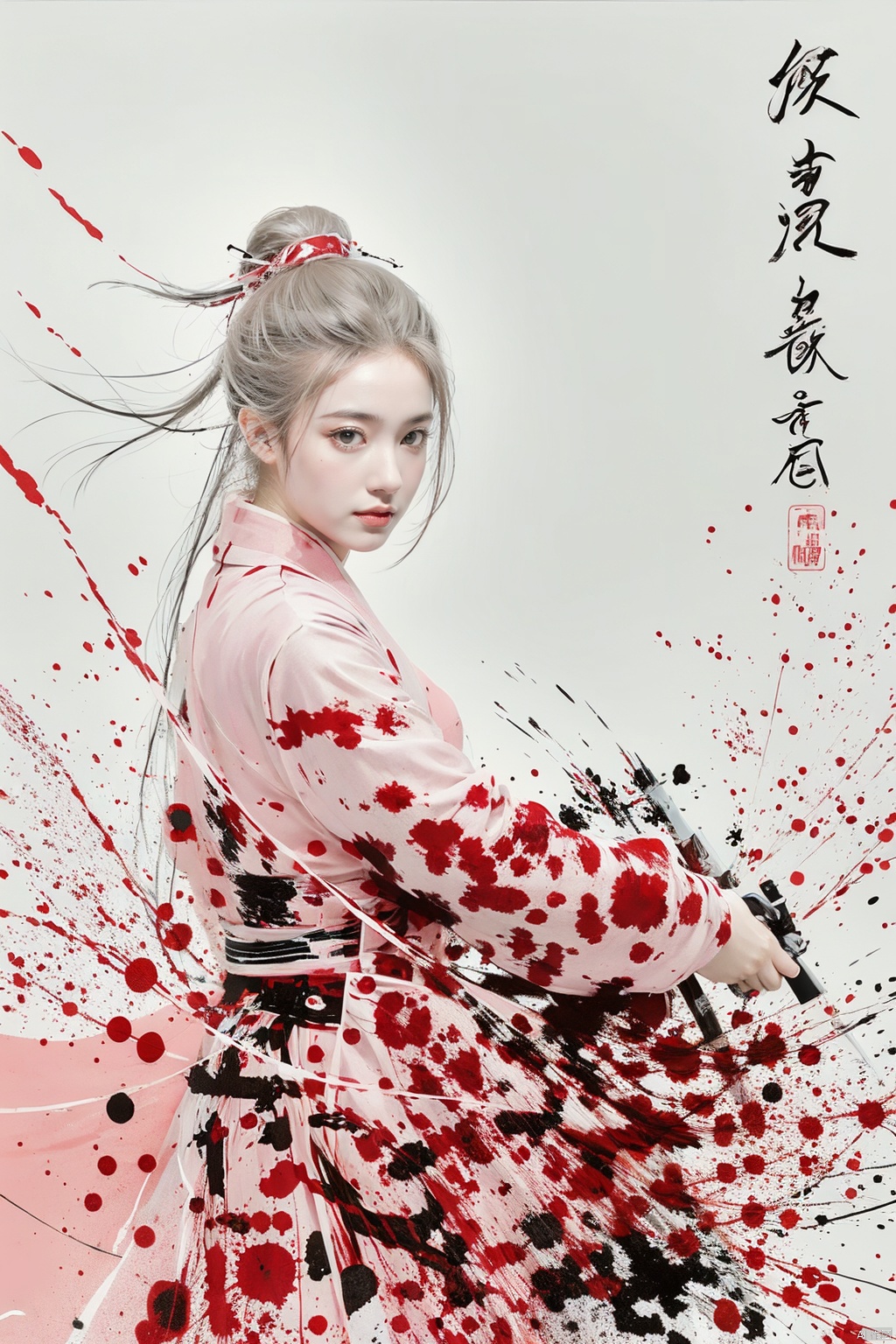  a girl, smwuxia,chinese text,blood, weapon:sw,blood splatter,motion blur,text