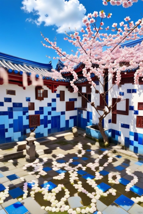 No people, Chinese-style architecture, courtyard, blue tiles and white walls, blue sky and white clouds, classical style, cherry blossoms, snapshots, traditional culture, tranquility and tranquility.