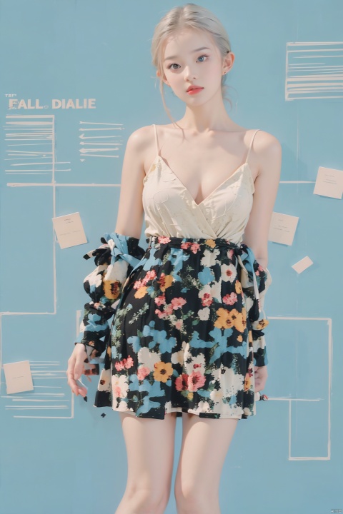  cover girl, letters, floral dress, cleavage, solo, full body, sexy