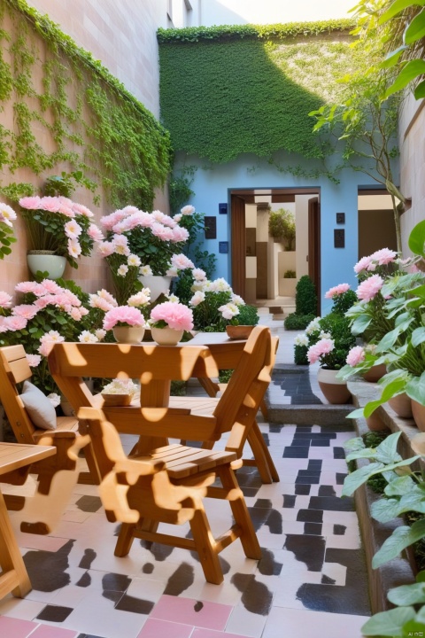 Looking across from you, there is a super large courtyard with a modern style quadrangle. The walls of the courtyard are adorned with light pink flowers and green plants. There is also a small wooden table on one side, and the courtyard is paved with blue ceramic tiles, creating a relaxed and comfortable atmosphere. Super HD 