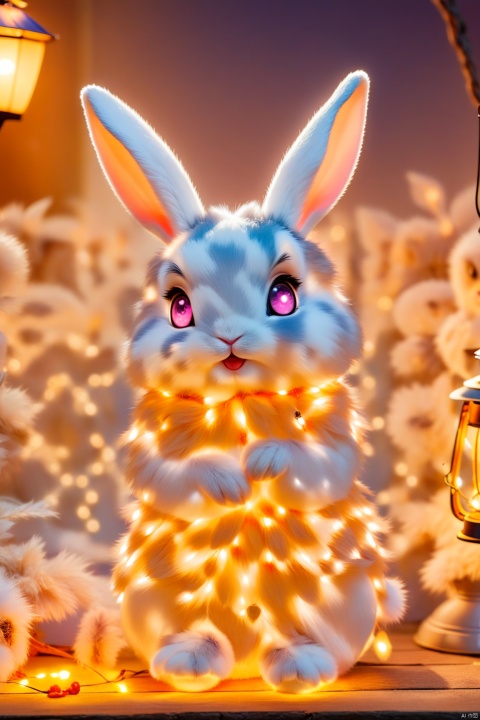  Cute white rabbit sitting next to a lantern, anime style, warm colors, glowing particles, soft lights, bright background, fluffy fur, big eyes, night scene, soft light, close-up