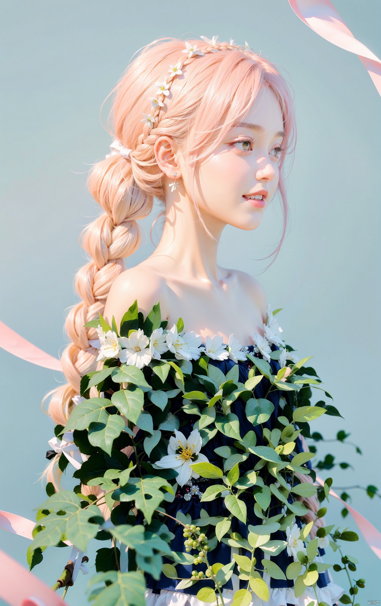 1 girl, solo, long hair, looking at audience, blushing, smiling, bangs, hair accessory, bow, jewelry, yellow eyes, upper body, pink hair, braids, flowers, hair bow, headband, earrings, outdoor, Parted lips, alternating outfits, side view, side view, book, single braid, blue bow, plants, white flowers, hair on shoulders