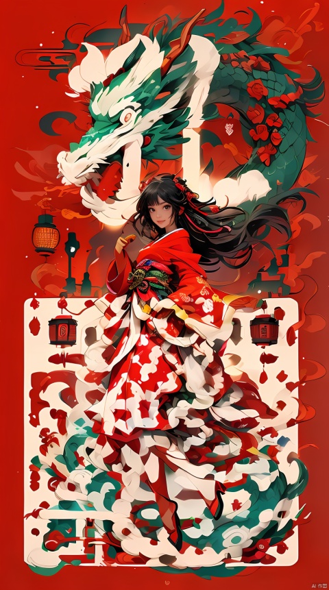  ink,HEZI,Chinese New Year elements,Oriental Dragon and Maiden,Chinese Knot,wallpaper,HD,flat illustration,flat illustration,best quality,masterpiece,(Lanterns in the background:1.5),looking at viewer,female focus,black hair,red skirt,Hanfu,profile,Night Market,brightly lit,white shoes,wide shot,color guide,simple background,full body,negative_hand,Up view,close up,happy and runing,Smile,delicate facial features,red background,a small number of red lanterns,Chinese elements with firecrackers around and fireworks in thebackground,,