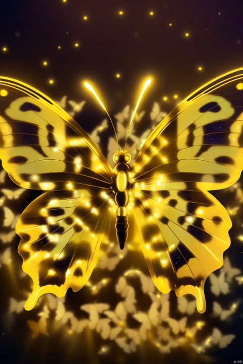 Glowing pale yellow butterfly with dark white and gold colors with luminous effect and glowing colors. Lights that glow like glowing fireflies with glowing light effects.