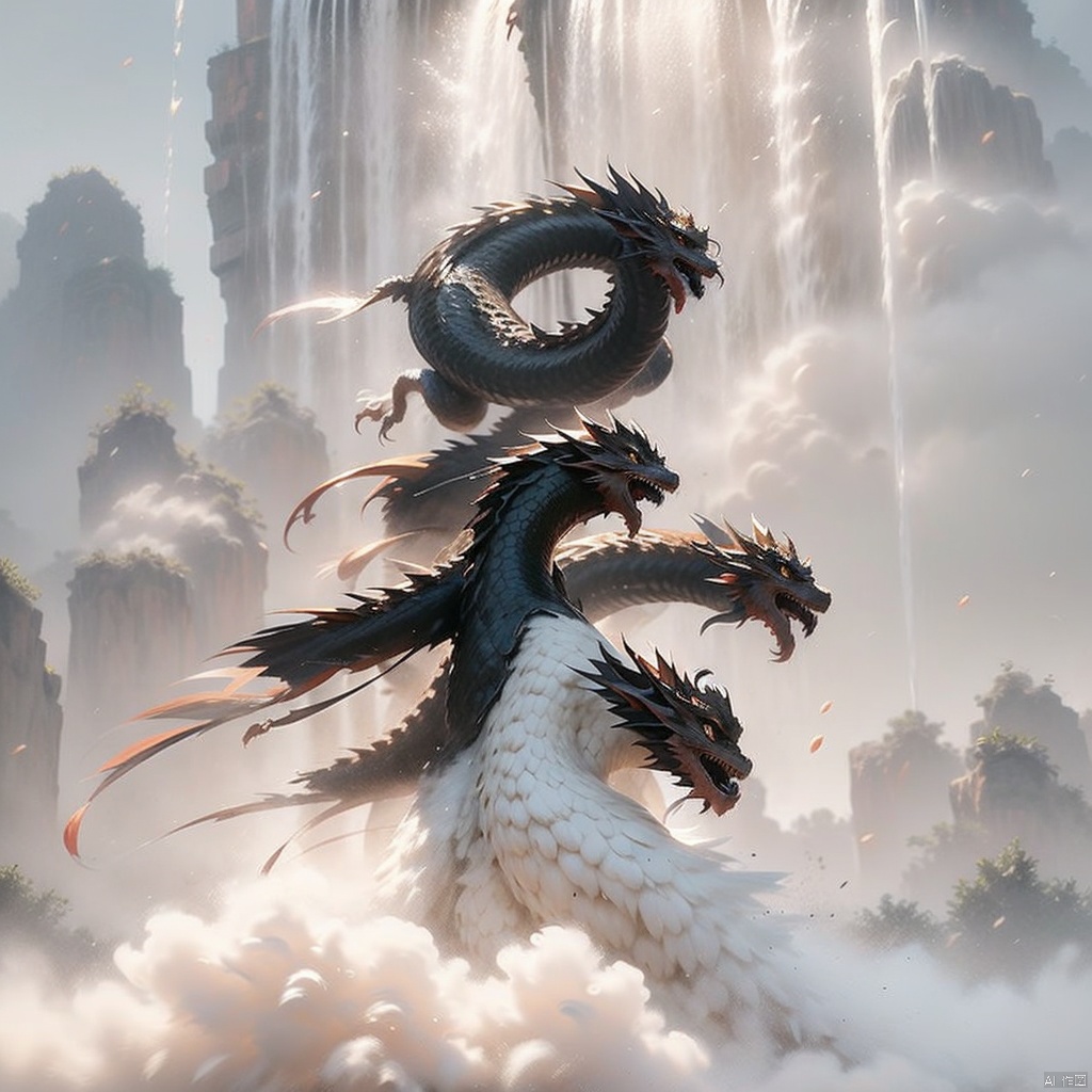  Male, (handsome), (thin), long sword, greatsword,long hair,floating hair, wet clothes, waterfall, cliff,tower , looking up at the sky, Chinese fantasy, rain, 32K uhd, Chinese dragons_ink and wash styles_misty clouds_ancient paintings_flames, chinese dragon