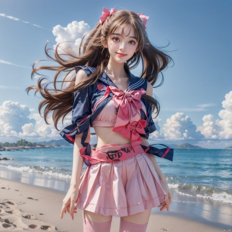  cowboy shot,(Good structure), DSLR Quality,Blue sky and white clouds on the beach,(high-detail skin) , 8K ultra-hd, , high quality, high resolution,(photo realistic: 1.3) 
, sailor senshi uniform,pink bow,pink necktie,pink sailor collar,pinkskirt,black pantyhose, , ,kind smile, nazha, ((poakl))