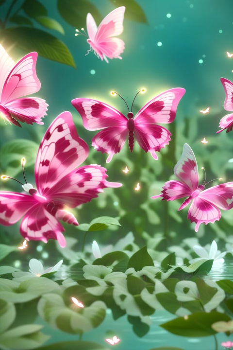 Pink butterflies, pink flowers floating on the water, light green leaves, light white and transparent petals flying in front, pink glowing butterflies dancing in it, pink fireflies flashing around it dreamy and romantic, Fantasy fairy tale world, pastel tones, exquisite details 3D rendering in octane rendered style, super detailed, ultra high definition high resolution, best quality