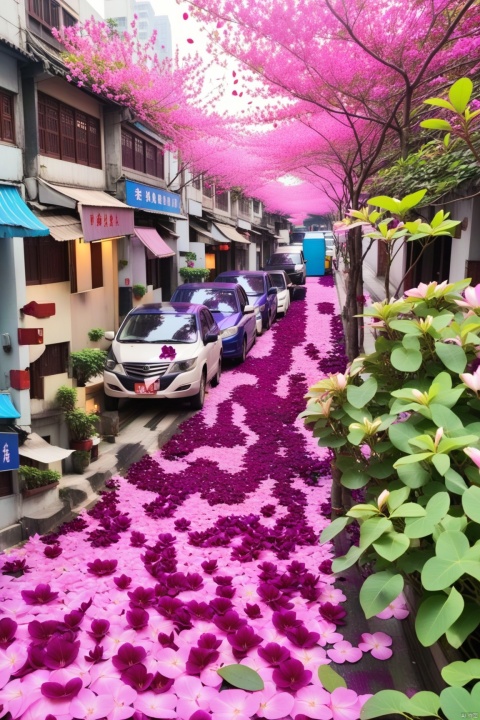 Bauhinia flowers are in full bloom, and the streets of Shanghai are filled with vast seas of flowers. The ground and cars on the roadside are covered with pink and purple petals.