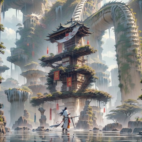  Male, (handsome), (thin), long sword, greatsword,long hair,floating hair, wet clothes, waterfall, cliff,tower , looking up at the sky, Chinese fantasy, rain, 32K uhd, long
