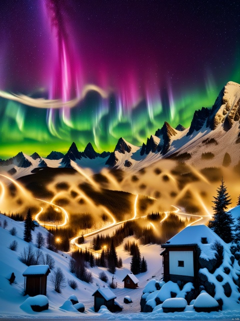 Northern hemisphere winter night aurora, bright starry sky, starry sky, gorgeous starry sky, shooting stars streaking across, snow piles on both sides of the road, snow-covered houses, snow hanging on treetops, snow-capped distant mountains, mysterious atmosphere, movie texture, 4k resolution, wide-angle lens, Quiet, dreamy, rich in details, contrast between warm and cold tones, long exposure, star trails, dancing aurora, quiet night, natural wonders. Photographic documentary, snowy mountains, Milky Way, Arctic background, panorama, Tyndall effect