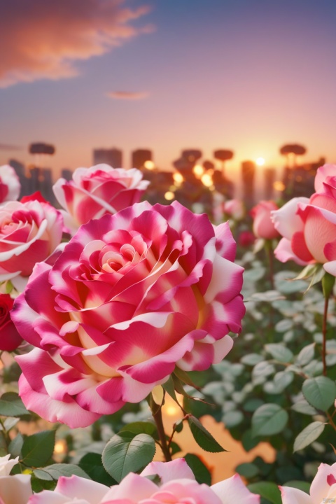  in the evening, real scene shooting 1000 beautiful and romantic pink and white roses glow, beautiful flowers are clearly visible, white and red flowers, fluffy and soft petals, on both sides are many flowers, sunset sky, far away is the city, refracting pink light, super realistic, super real, photography, magic, fantasy, clear, 8k, ureal, shot in hd by hayao miyazaki. 