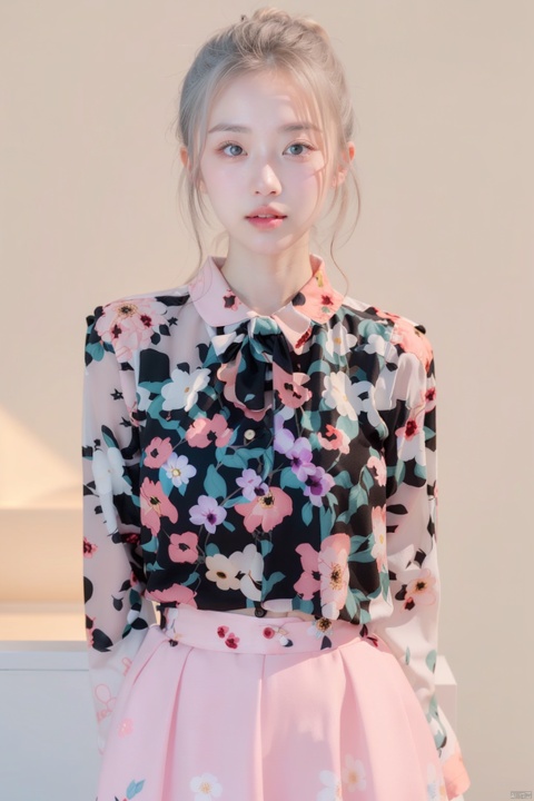 Close-up of a woman wearing floral blouse and floral skirt, Korean women's fashion model, black pink, ruffled flowered collar, dress floral print