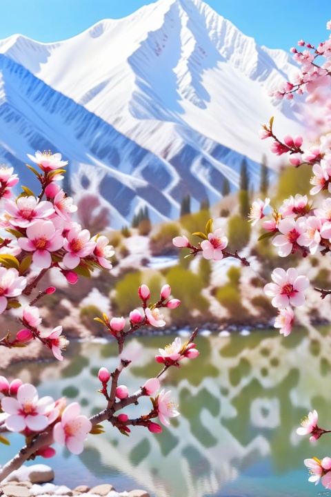  Beautiful scenery of Xinjiang, clear blue sky, large snow-capped mountains in the background, a lake at the bottom of the snow-capped mountains, a peach blossom tree in the foreground, very small petals, white and pink flowers blooming with bright colors, ultra-wide angle lens, depth of field shooting, very It's beautiful, high-definition photography.