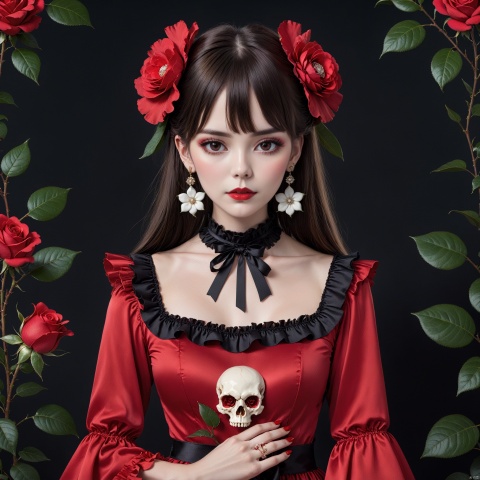 long hair, looking at viewer, short hair, bangs, multiple girls, brown hair, black hair, hair ornament, red eyes, long sleeves, dress, ribbon, 2girls, jewelry, closed mouth, standing, flower, cowboy shot, frills, horns, choker, hair flower, wide sleeves, lips, makeup, rose, facial mark, floral print, red dress, ring, plant, white flower, frilled sleeves, black background, red flower, red nails, skull, red rose, red lips, camellia, animal skull