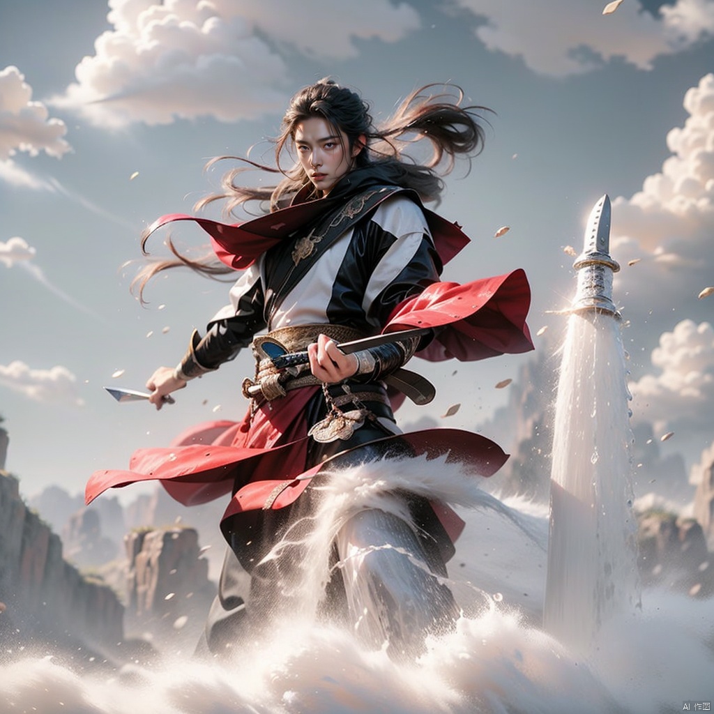  Male, (handsome), (thin), long sword, greatsword,long hair,floating hair, wet clothes, waterfall, cliff,tower , looking up at the sky, Chinese fantasy, rain, 32K uhd,