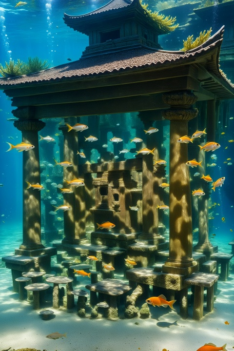  there are many fish swimming in the water near a wooden dock, underwater market, undersea temple with fish, masterpieceunderwater scene, underwater shrine, underwater environment, submerged underwater, underwater mushroom forest, an underwater city, undersea environment, underwater perspective, underwater scene, submerged temple scene, under water visual distortion, submerged pre - incan temple, underwater city, underwater temple