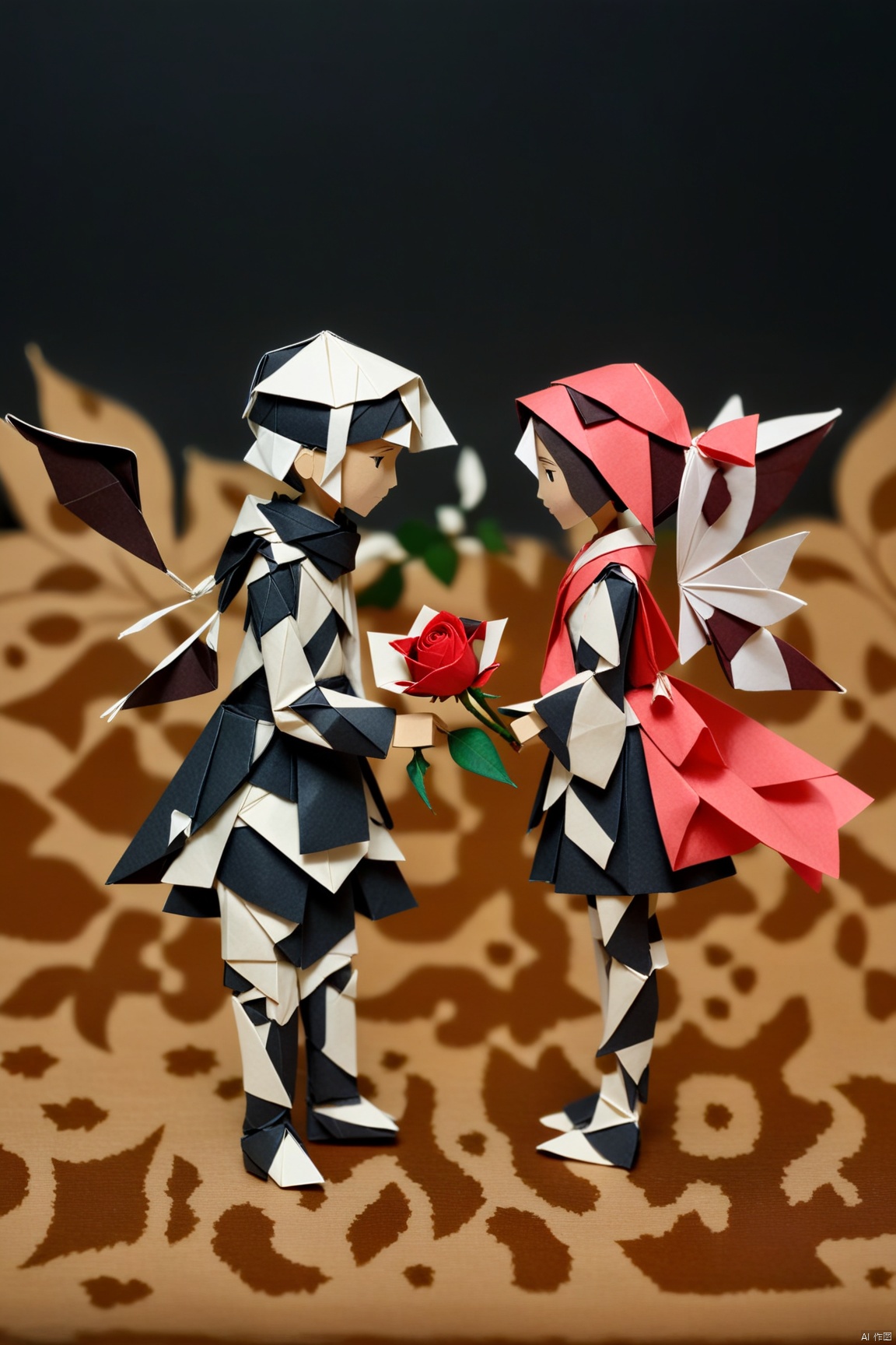 Rough and simple Origami art,Two of the boy and girl were facing each other tightly and standing on the table, the boy with a rose in his hand,the boy has a long scarf, the girl has a flying skirt,full of fairy tale feeling,zen-inspired,Dark background --no *****,face 