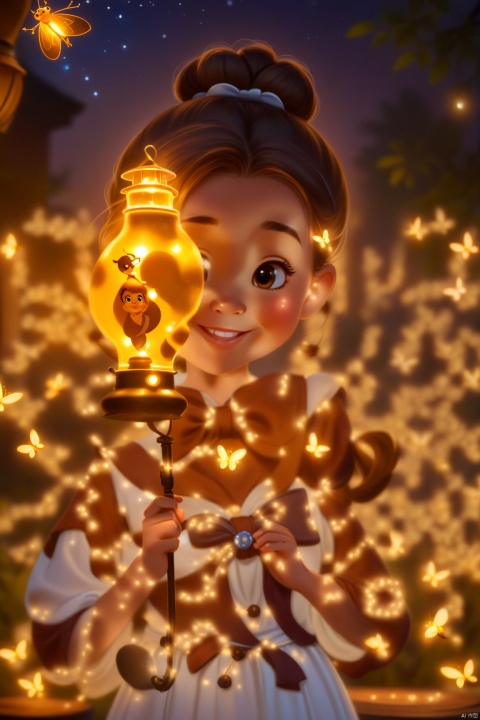 A cute girl holding an oil lamp with a Disney style cartoon character design and warm lighting. She has brown hair. She wears her hair in a bun and wears a white dress with a bow around her neck. The lantern casts a soft light as she smiles at you. Fireflies sparkle all around, the focus is sharp, portrait photography, and digital painting techniques are used to create a soft glowing effect, in the style of Disney.