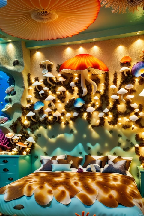 A bedroom under the sea, surrounded by dreamy mushrooms. The walls are made of colorful corals and anemones, with glowing jellyfish and colorful fish swimming above through the ceiling. The bedroom is elegantly decorated with a bed made of shells and seaweed, with a conch shell lamp beside it. The whole room is filled with a mysterious and enchanting ocean atmosphere, suitable for high-definition underwater photography, intricate details, clear focus, vivid colors, realistic art, suitable for framing, interior design, and fine art prints