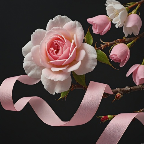 ribbon, flower, petals, no humans, rose, white flower, black background, cherry blossoms, pink flower, branch, pink rose, still life