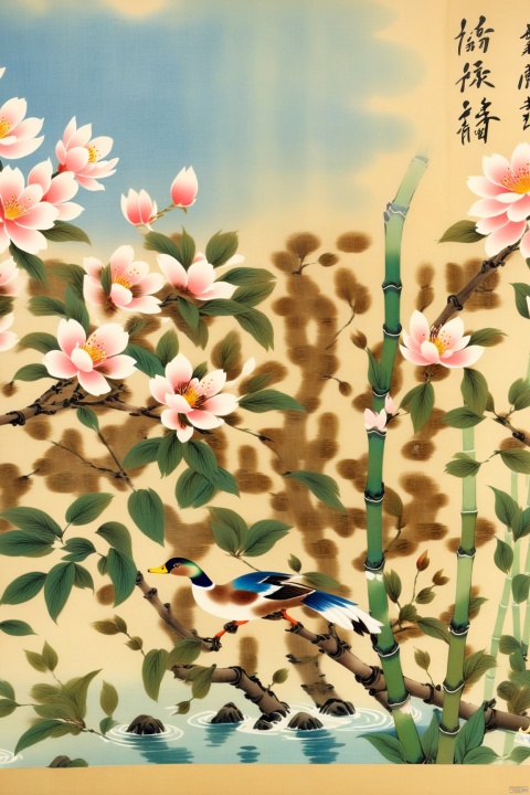 Three or two branches of peach blossoms outside the bamboo, duck prophet in spring river water, Chinese style, sketch, high saturation, ancient painting, Qi Baishi, Ding Fuzhi, ink, color ink, acrylic art, ancient Egyptian mural, traditional Chinese painting, silk, flowers and birds, boneless Drawing techniques, comics, game original paintings