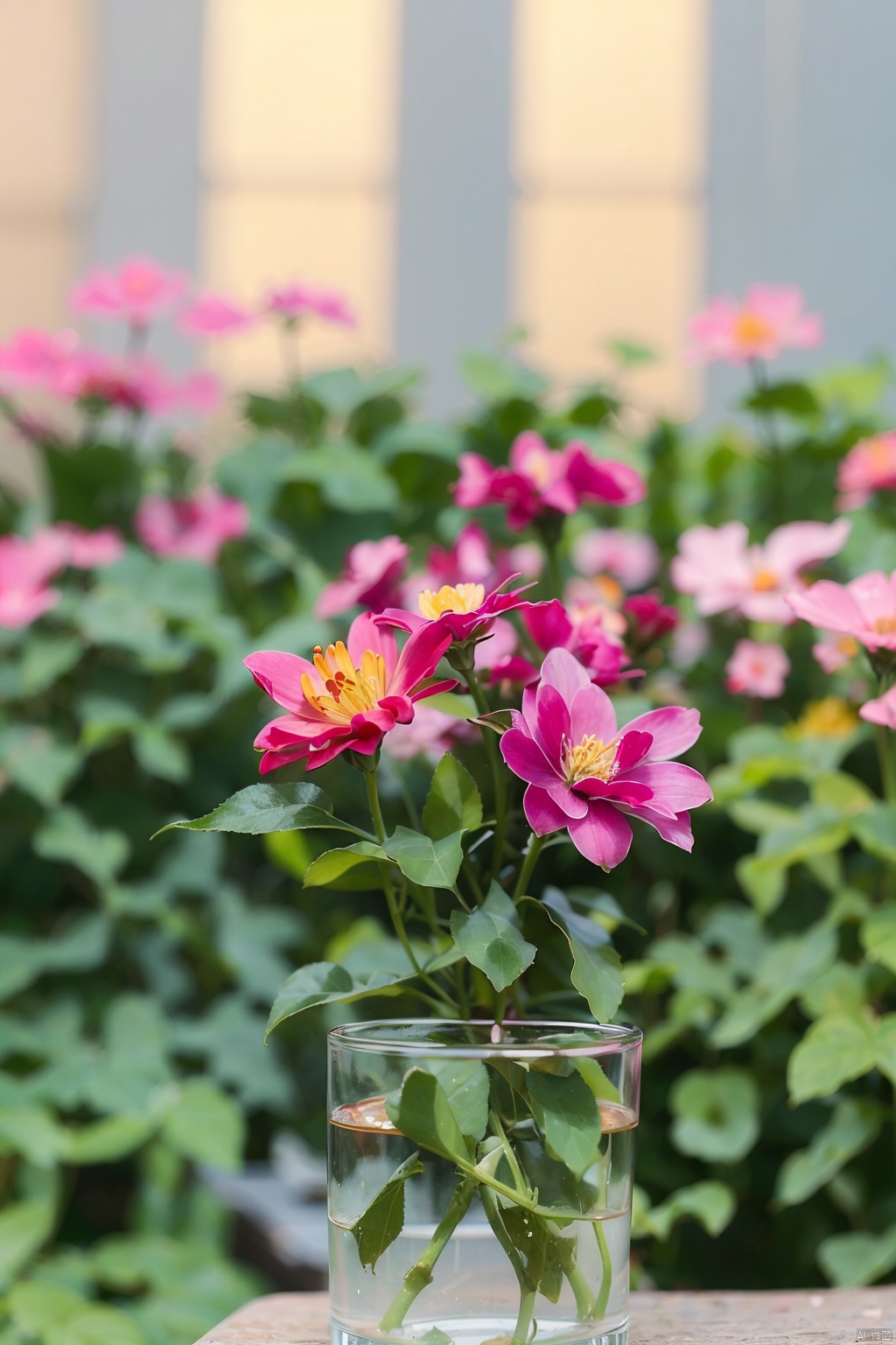  flower, blurry, book, no humans, depth of field, blurry background, plant, scenery, pink flower, yellow flower, orange flower