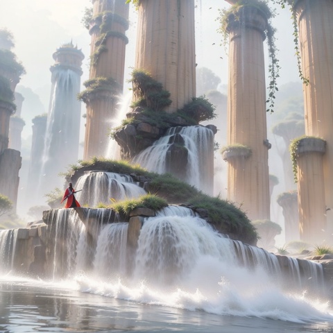  Male, (handsome), (thin), long sword, greatsword,long hair,floating hair, wet clothes, waterfall, cliff,tower , looking up at the sky, Chinese fantasy, rain, 32K uhd,