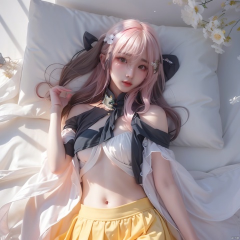  1 girl, (light yellow skirt) , multi-colored hair, pink hair, butterfly headband, white motor headset, (rape flower) , flower field, flower sea, rape flower field, yellow painting, body, lie down, navel, white transparent skin, soft light from above, masterpiece, best quality, 8k, HDR, Light master, (\meng ze\), jiqing, (\MBTI\), mjuanlian, (\ji jian\), 1girl