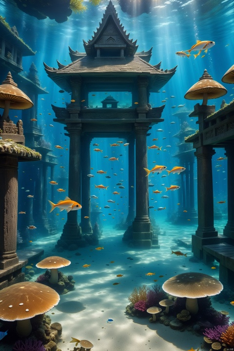 there are many fish swimming in the water near a wooden dock, underwater market, undersea temple with fish, masterpieceunderwater scene, underwater shrine, underwater environment, submerged underwater, underwater mushroom forest, an underwater city, undersea environment, underwater perspective, underwater scene, submerged temple scene, under water visual distortion, submerged pre - incan temple, underwater city, underwater temple