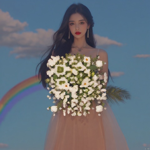 1girl, solo, long hair, looking at viewer, black hair, dress, holding, jewelry, very long hair, flower, earrings, sky, cloud, necklace, black dress, bouquet, red lips, rainbow, holding bouquet