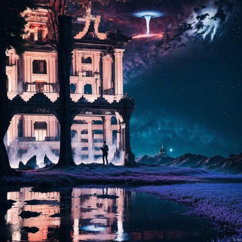  A man is standing in an otherworldly space, in front of a castle, the blue bloom flickering, the fifth latitude stunning visual feast, very much like the painting style of the absurd