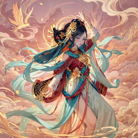  1girl, solo, surrounded by birds, In the center of the picture is a scroll of a beautiful girl, dressed in DUNHUANG_CLOTHS, with long hair cascading down to her waist, a beautiful face, and bright, mysterious eyes.

The girl flew out of the scroll, and her body was surrounded by colored light, giving a dreamlike feeling. She danced in the air, surrounded by colorful petals and auras. The scenery in the scroll also flies out with the girl, and the mountains, forests and streams merge together under the guidance of the fairy to form a wonderland full of magic and fantasy.

DUNHUANG_CLOTHS,CS_Jiangnan,guofeng, bird, lowers, mountain, fog, red carp, red sun, clouds,chinese style