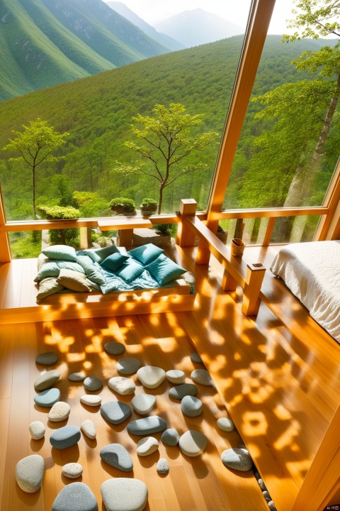 Mountain house, floor-to-ceiling windows, bed, stones, green trees, indoor photography, natural light, wooden furniture, comfort, warmth, natural tones, relaxation, scenery outside the window, high-definition wide-angle lens