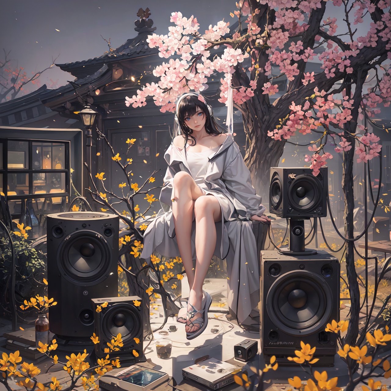  A young girl sitting on a large cyberpunk-style speaker, listening to music intently. Surrounding her are multiple speakers of different shapes and sizes, some emitting colorful neon lights. The background is a scene of blooming branches, creating a unique atmosphere. High-resolution image, vibrant colors, sharp focus, dramatic lighting, trending on ArtStation, trending on CGSociety, Cyberpunk style, Neon lights, Floral background, Blossoming branches, Attention to detail, Photorealistic painting art by Greg Rutkowski and Midjourney.,