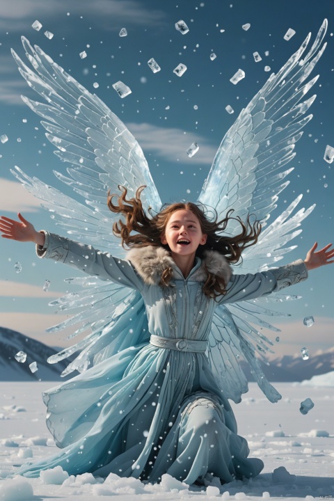  The daughter of Ice Emperor flies in the ice and snow with her hands held high to release the large-scale ice magic that destroys heaven and earth.fly,full body fly in the sky