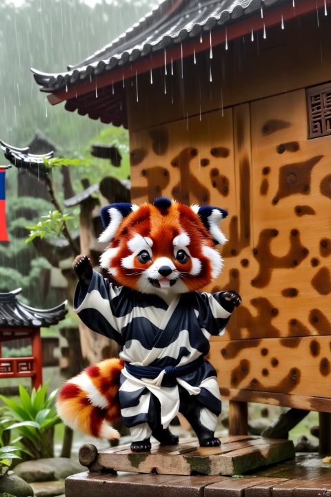  ink style,Iancient China,rainy,a wood house with flag,a cute redpanda stand faraway,hands up
