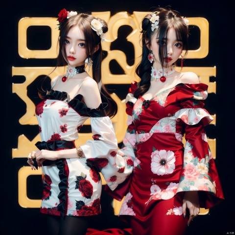 long hair, looking at viewer, short hair, bangs, multiple girls, brown hair, black hair, hair ornament, red eyes, long sleeves, dress, ribbon, 2girls, jewelry, closed mouth, standing, flower, cowboy shot, frills, horns, choker, hair flower, wide sleeves, lips, makeup, rose, facial mark, floral print, red dress, ring, plant, white flower, frilled sleeves, black background, red flower, red nails, skull, red rose, red lips, camellia, animal skull,anime