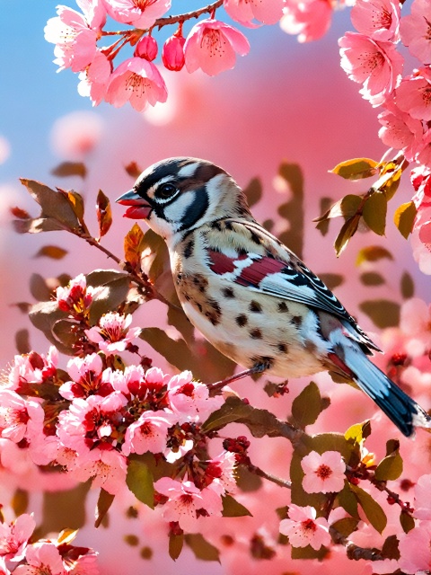  ljcc,((best quality)), masterpiece, HD,HDR,8K,haibao,no humans, bird, flower, branch,animal, pink flower, flying,gradient, cherry blossoms, depth of field, gradient background,sky, red flower, animal focus, day, outdoors, blurry background, petals, sparrow