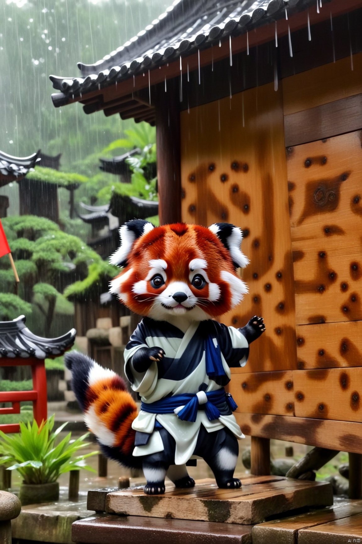 ink style,Iancient China,rainy,a wood house with flag,a cute redpanda stand faraway,hands up 