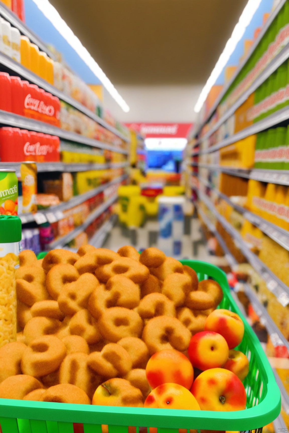 a busy supermarket with lots of items, midjourney, detailed, high resolution, bright colors, vivid, 4k resolution, photorealistic, vibrant colors, grocery, fruits, vegetables, bread, cereal, packaging, cans, clean and tidy, detailed textures, sharp contrast, detailed shadows.