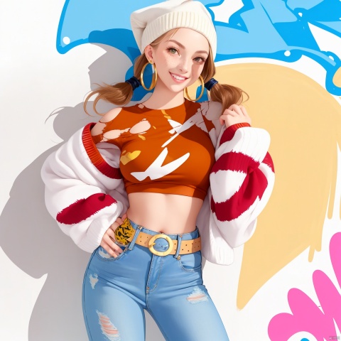  1girl, solo, long hair, breasts, looking at viewer, smile, brown hair, shirt, long sleeves, hat, navel, twintails, brown eyes, jewelry, medium breasts, standing, cowboy shot, earrings, parted lips, teeth, midriff, belt, pants, sweater, lips, crop top, torn clothes, black headwear, low twintails, denim, clothes writing, freckles, jeans, hoop earrings, torn pants, graffiti