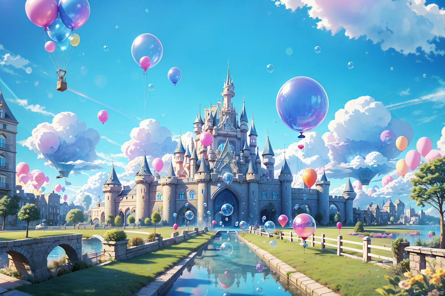  a cartoon scene of a castle surrounded by balloons and a pathway leading to it with a castle in the distance, ball, balloon, blue sky, bubble, bubble blowing, cloud, cloudy sky, day, lens flare, outdoors, scenery, sky, sun
