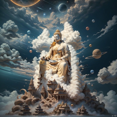  A painting of a golden Buddha standing in front of a huge moon, space art, space travel, space, stunning wallpapers, space, Jen Bartel, surreal space, detailed dreams, magnificent spacecraft paintings, psychedelic illustrations, psychedelic surreal art, grand digital art and details, beautiful space, space theme, space, space theme, space scene,Buddhism ,cloud,Clouds