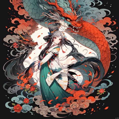  HTTP,HTTP2, 1girl, perfect hand,long hair, hanfu, waves, eastern dragon, dragon, solo, very long hair, fine art parody, sun, fish , Chinese dragons_ink and wash styles_misty clouds_ancient paintings_flames, Night scene,eastern dragon, keqingdef, ru_qun