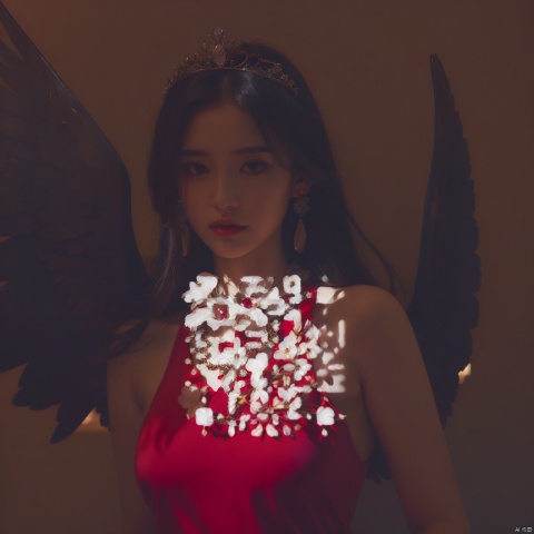 1girl, solo, long hair, looking at viewer, simple background, black hair, dress, jewelry, upper body, earrings, wings, sleeveless, necklace, sleeveless dress, red dress, tiara, head wings, gem, realistic