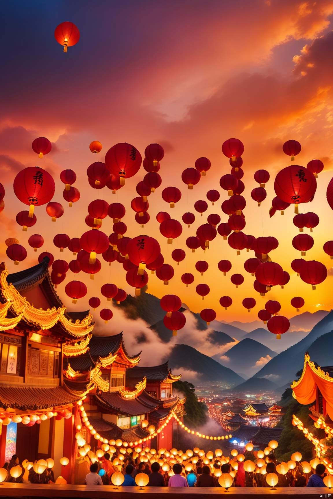 Large panorama, Kongming lanterns flying all over the sky at sunset, close-up of Kongming lanterns, huge Kongming lantern balls hanging people's dreams and hopes, the background is the charming colorful clouds and mountains. Kongming lanterns dance in the sky, setting off a spectacular scene and giving people a visual impact. 32k resolution, large aperture, backlight shooting, freedom, dream.
