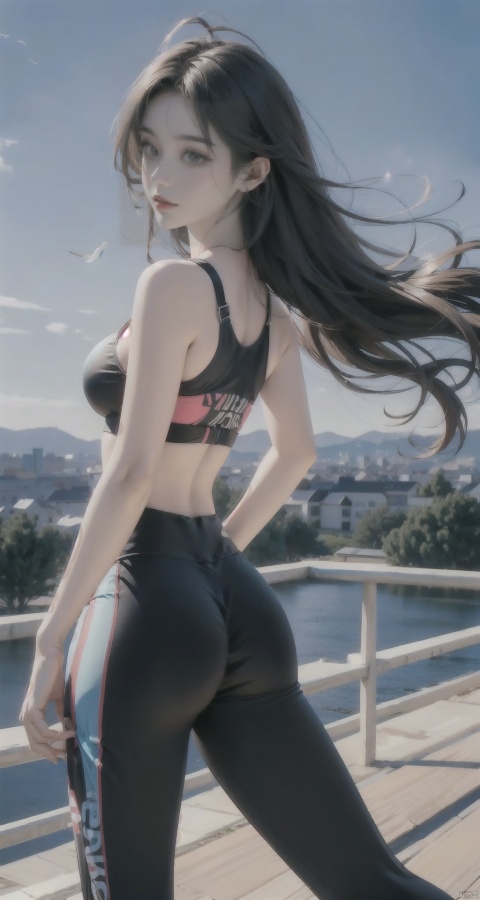  best quality, hyper realism, (ultra high resolution), masterpiece, 8K, RAW Photo,1girl,outdoor,(beautiful face:1.5),see throug,90s, Long hair reaching the waist, (Straight breasts:1.5),(Yoga pants:1.3),(From behind:1.3)In the morning, Morning meditation, Connecting with nature,At the mountaintop,(Bird's-eye View of the City Panorama)(Peach buttocks),(Pose)