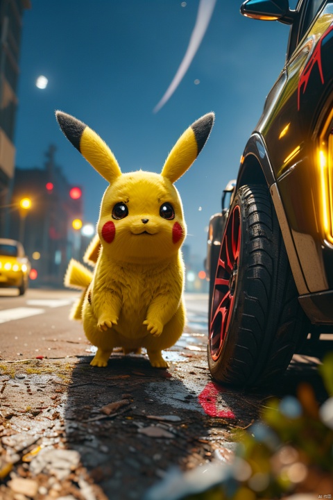  no humans,（Pikachu）, cityscape,cyberpunk 2077,low angle, , Detail,Realistic images, realistic graphics, 8k,dynamic pose,,night sky,evening,Sports cars, sense of technology, technology,

Exaggerated surprise,
