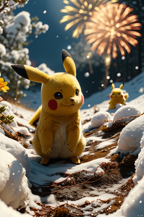  no humans,（Pikachu）, Flower, Outdoor, Flower field,low angle, , Detail,Realistic images, realistic graphics, snow, fireworks,8k,dynamic pose
