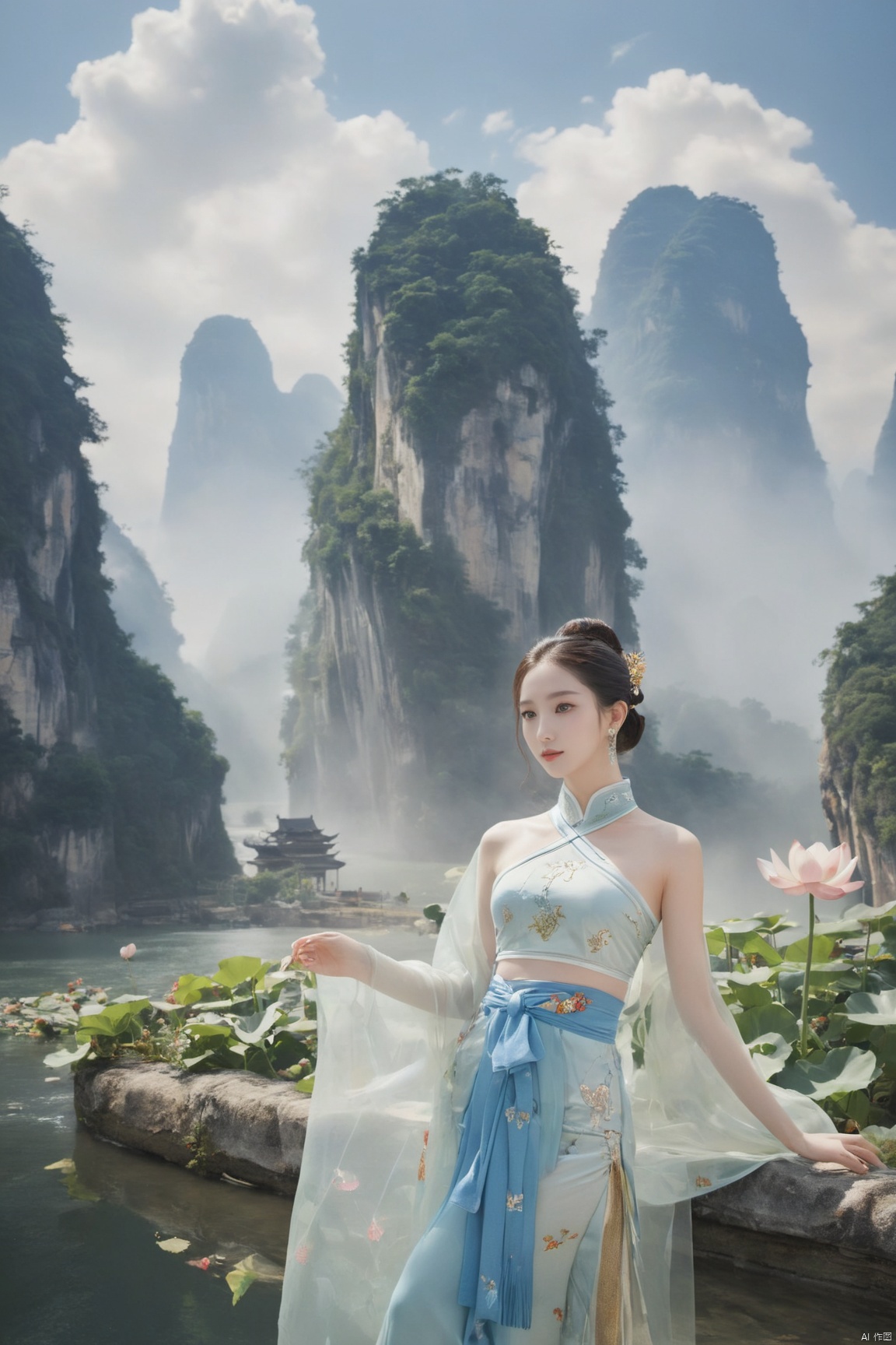  Detailed high, high precision, high quality, the UHD, 16 k, rich details, abundant element, shows that a girl, beautiful, lotus, lotus leaf, pearlygates, traditional clothing, clothing patterns, miao clothing headwear, Face Score, MAJICMIX STYLE, arien_hanfu, monkren,full-length mirror,Breast, huge,Dramatic clouds, mountains, rivers, ancient buildings,Guilin landscape, Guilin, Hangzhou,Sunny,shoes,,full body,film grain, Realistic, qipao
